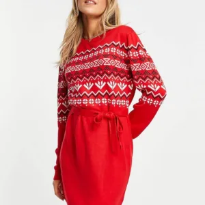 Brave Soul Fairisle Christmas Sweater Dress with Tie