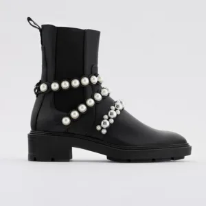 Zara Pearl Strap Low Heeled leather Ankle Boots